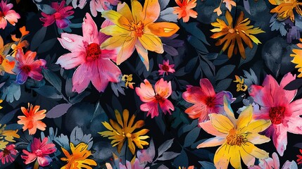 seamless floral allover pattern with abstract watercolor black background for digital print.