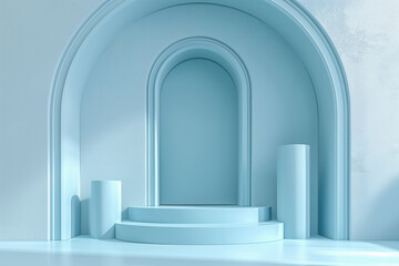 A blue room with pillars and a large archway
