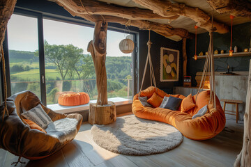 Obraz premium A room with orange furniture and plants with a a cozy and inviting atmosphere