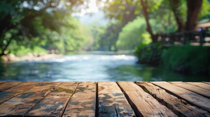 Fototapeta premium Empty Wooden Plank Overlooking a Tranquil River, for displaying products or showcasing designs