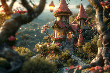 Obraz premium Fairytale kingdom diorama. Adorable miniature fantasy world. Cute palace with tiled roof in a fairy village.