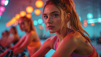 women participating in an energetic spinning class, illuminated by colorful neon lights, displaying intense focus and determination in a modern fitness studio