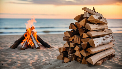 Fototapeta premium Stack of Firewood and Bonfire on Beach Sand with Sea View and Sunset