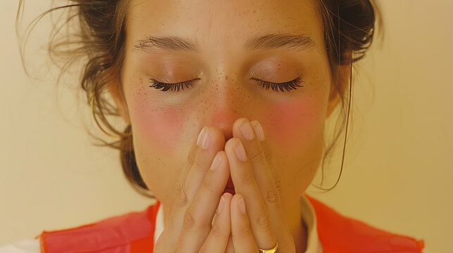 Lady with hands close to her face with eyes closed