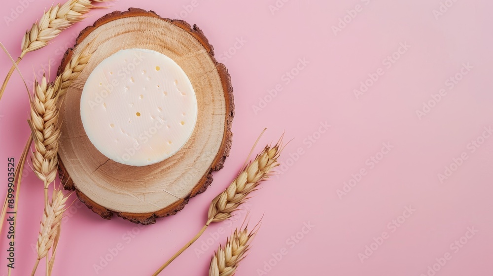 Canvas Prints Natural cosmetic product with wheat ears on wooden round slice on pink background Promotional image with space for text Flat lay composition