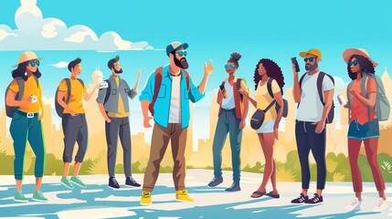 A tour guide leads a group of tourists on a sunny day. Red flag tour guide. Student group. Ankara, Turkey - May 6, 2023