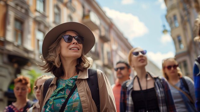 A tour guide leads a group of tourists on a sunny day. Red flag tour guide. Student group. Ankara, Turkey - May 6, 2023