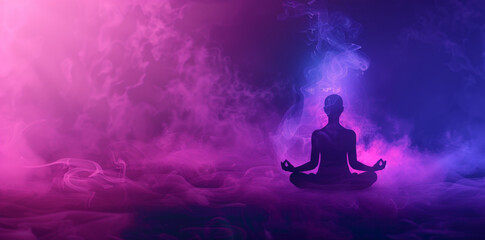 Meditation, aura energy background with a person in lotus position in the style of meditating in purple and blue colors