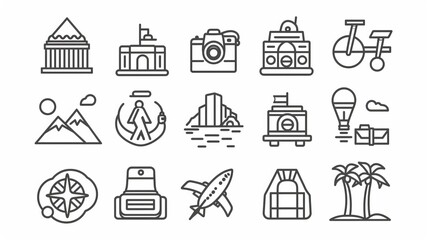Travel and Tourism set of web icons in line style.Travel and vacation icons for web and mobile app. Airport, tickets, tour, relax, hotel, recreational rest, service. Vector illustration
