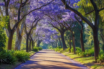 Naklejka premium This photo captures a scenic painting featuring a road lined with trees and adorned with vibrant purple flowers, Pathway adorned with jacaranda trees in bloom within a park, AI Generated