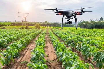 Drone flying over crops in agricultural field for smart farming