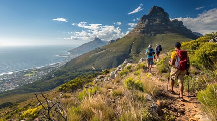 Obraz premium Tourist hikers up Cape Town, Table Mountain landscape, overlooking Lions Head peak