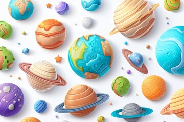 Fototapeta premium Playful illustration of colorful cartoon planets and stars perfect for a fun and whimsical cosmic scene