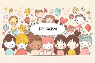 Naklejka premium Cute hand drawn illustration with cute cartoon girls and boys with the words no racism.