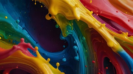 Color liquid ink splash abstract background rainbow art. Rainbow splash collage mix flow drip. Fluid wave color yellow, red, green, blue isolated. Liquid ink palette motion