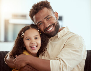 Obraz premium Hugging, sofa and portrait of child with dad for love, care and bonding together in home. Smile, connection and girl kid embrace single father for relax in living room on weekend at house in Colombia