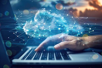 Hand showing laptop computer with cloud network. Cloud computing technology and online data storage for business network concept