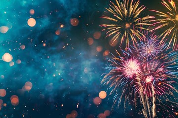 Fototapeta premium Colorful fireworks lighting up the night sky over a city celebration event.