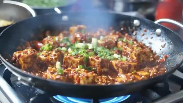 A pan filled with spicy mapo tofu cooking on a stove emitting sizzling sounds A sizzling hot wok of spicy mapo tofu with minced pork