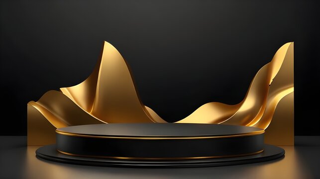 Gold black podium background 3D golden product line stage dark platform wave display. Design podium black luxury gold light scene pedestal presentation showcase event beauty shine object cosmetic sale