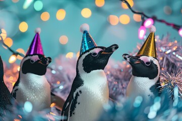 A group of penguins wearing colorful party hats gathered together to celebrate a special occasion, Penguins in party hats frolicking amidst the festive decorations, AI Generated