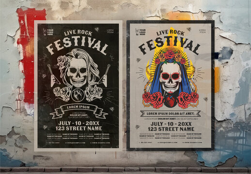 Black And Beige Vintage Retro Rock Fest Gothic Skull Poster Template