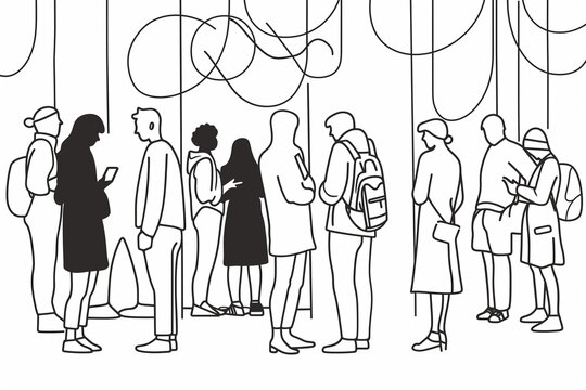 Minimalist line art illustration of people experiencing loneliness despite being connected online, vector graphic design elements for a social media post about social isolation in the digital age. 
