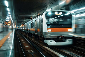Modern train passing through subway station at high speed