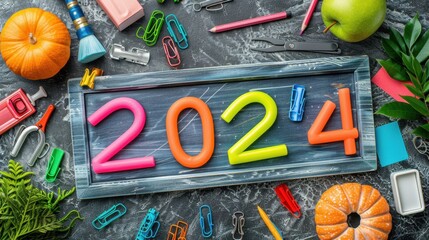 Colorful Stationery and "2025" in Bright Numbers on Grey Surface
