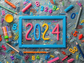 Colorful Stationery and "2025" in Bright Numbers on Grey Surface

