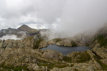 Mountain panorama with lake Kesselsee (Spronser Lakes) in Texel group, South Tyrol, Italy