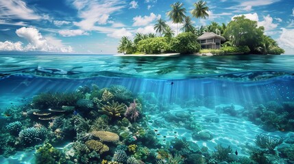 Maldives island beach. Tropical landscape of summer scenery, white sand with palm trees. Luxury travel vacation destination. Exotic beach landscape.