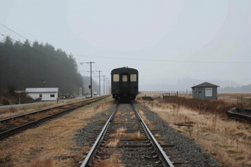 Obraz premium Lonely train on foggy tracks at a rural train station