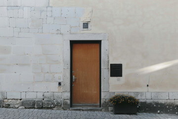 Wooden door on aged white wall with small flower planter