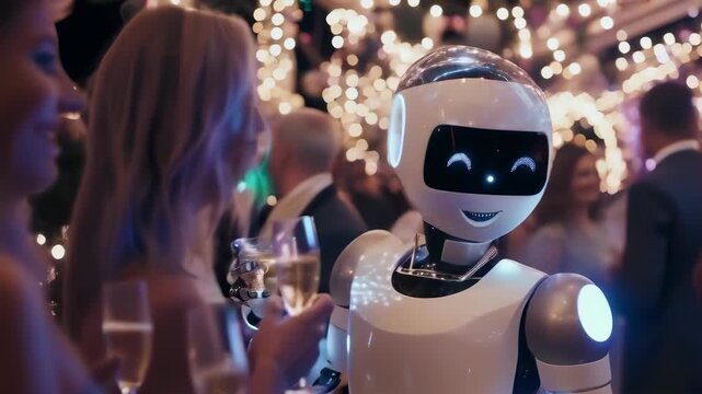 At an evening gala, a lifelike robot engages with guests who are holding drinks. The event is attended by well-dressed men and women in their 30s, with the festive ambiance enhanced by twinkling