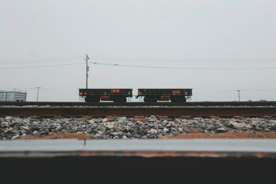 Railroad cars on parallel tracks in a foggy setting