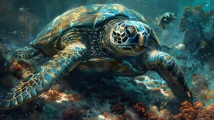 Fototapeta premium Hawksbill turtle swims above head as fish swim around him
