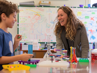 Fototapeta premium The Joy of Learning: A young student and their enthusiastic teacher share a joyful moment during a science experiment, demonstrating the power of education and the beauty of discovery. 