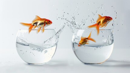 Two fish changing homes. Goldfish jumping from glass fish bowl into another one on blue background