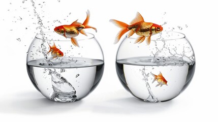 Two fish changing homes. Goldfish jumping from glass fish bowl into another one on blue background