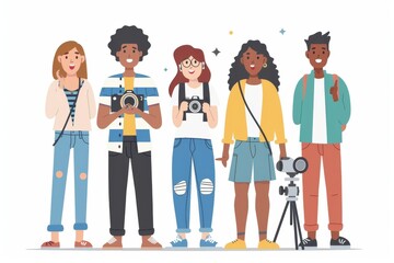 Fototapeta premium Group of diverse students holding various gadgets and cameras representing media and technology in education