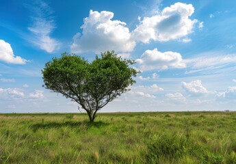 Obraz premium heart-shaped tree stands alone in the middle of an open field, surrounded by tall grass