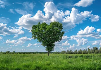 Fototapeta premium heart-shaped tree stands alone in the middle of an open field, surrounded by tall grass