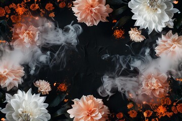 orange neon frame covered in black and white dahlias with a bit of orange smoke, black background