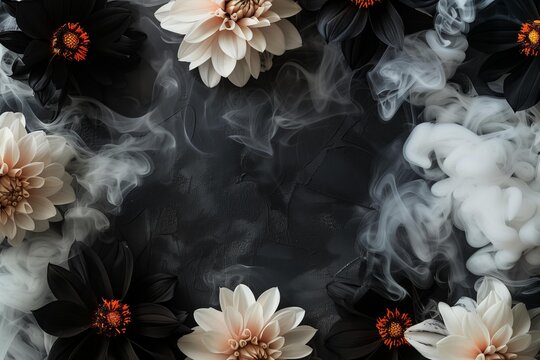 orange neon frame covered in black and white dahlias with a bit of orange smoke, black background - Powered by Adobe