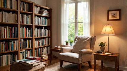 Cozy Home Library with Comfortable Armchair and Wooden Bookshelves - Serene Reading Corner with Warm Lighting