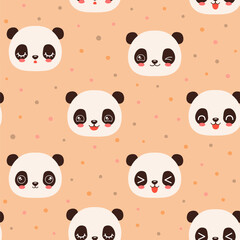 Cute panda seamless pattern. Animal head kawaii face panda bear repeat design for kids textile, paper print. Trendy color peach fuzz background.
