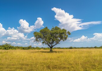 Fototapeta premium heart-shaped tree stands alone in the middle of an open field, surrounded by tall grass