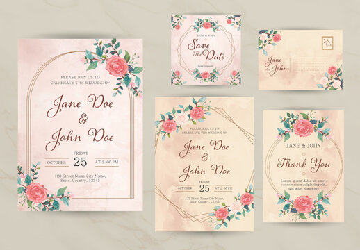 Pink and Gold Floral Elegant Wedding Invitation Set