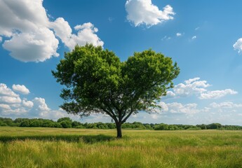 Fototapeta premium heart-shaped tree stands alone in the middle of an open field, surrounded by tall grass